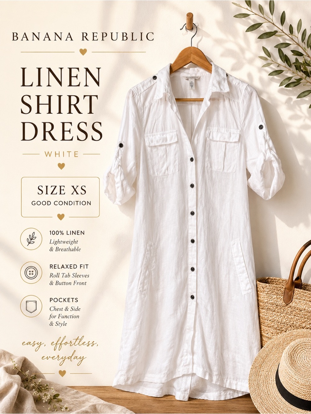 Banana Republic Linen Shirt Dress White XS Button Front Casual Summer